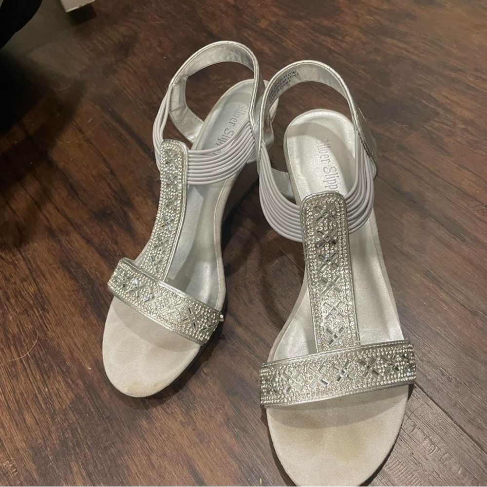 Silver Rhinestone T-Strap Sandals
